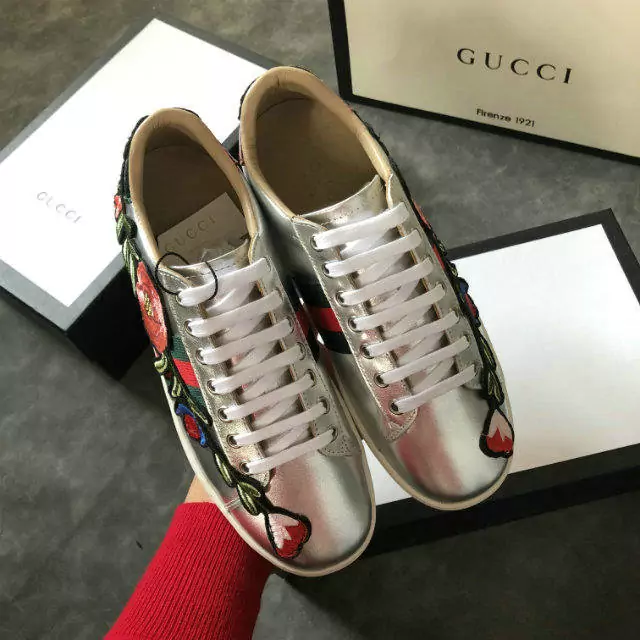 women gucci chaussures blanches chaussures de sport cowhide embroidery silver